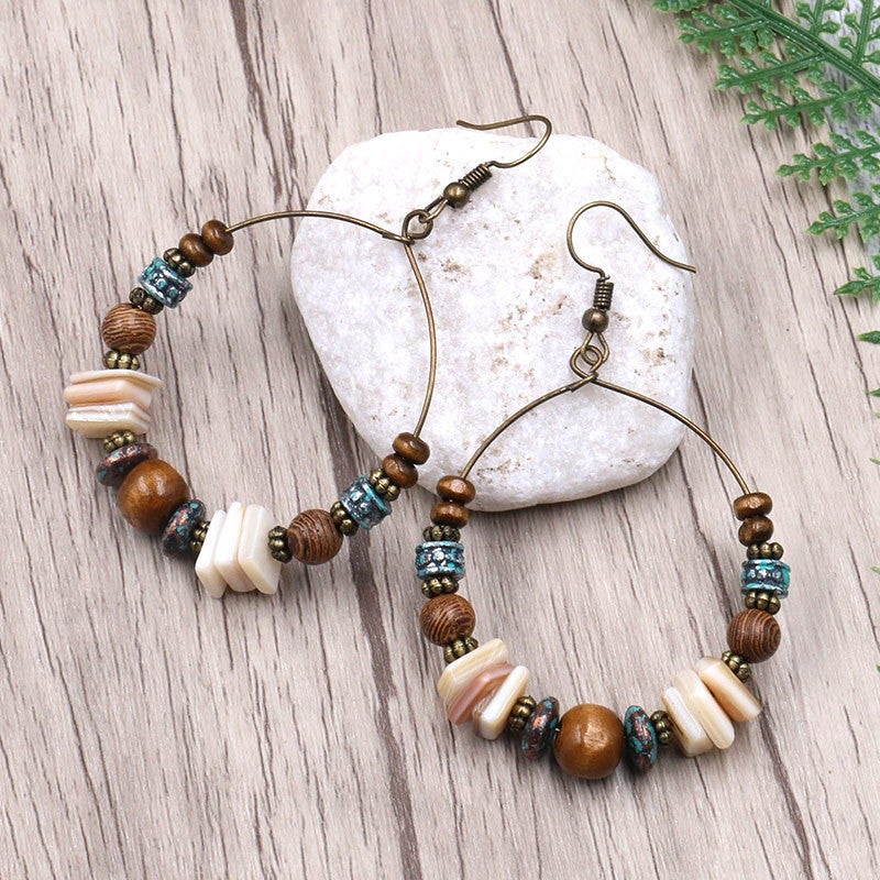 Accessories Fashion Bohemian Handmade Beaded Earrings Shell Wooden Beads Big Ear Ring Earrings - Image 1